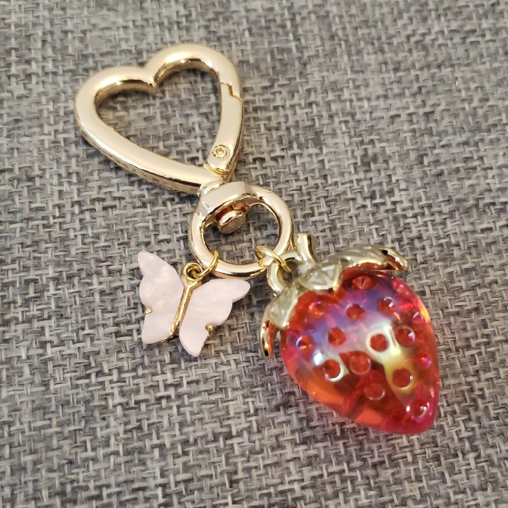 Gold and Pink Strawberry Butterfly Bag Charm